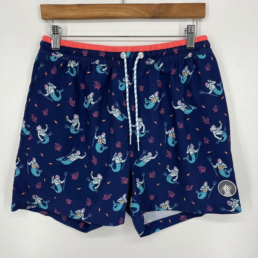 Chubbies Mens Navy Blue Merman Poseidon Beer Print Swim Trunks Size Medium 5.5in
